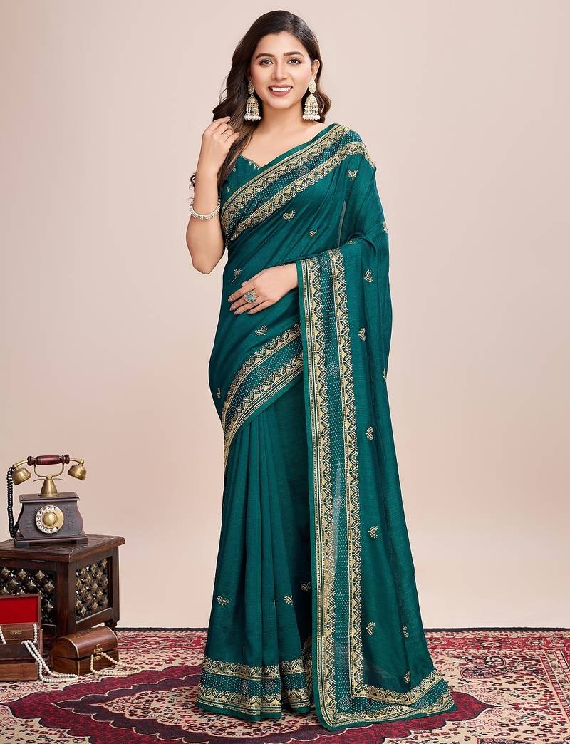 Teal green embroidered silk blend bollywood saree with blouse