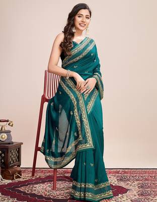 Teal green embroidered silk blend bollywood saree with blouse 2
