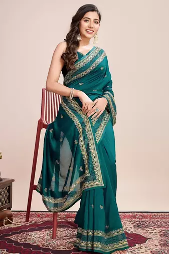 Teal green embroidered silk blend bollywood saree with blouse