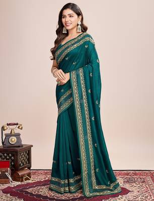 Teal green embroidered silk blend bollywood saree with blouse 3