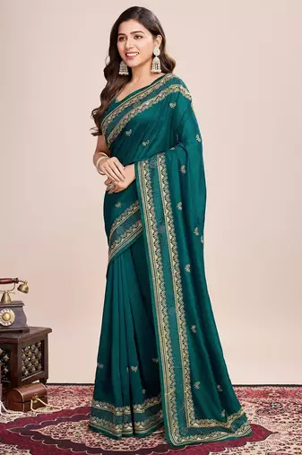 Teal green embroidered silk blend bollywood saree with blouse