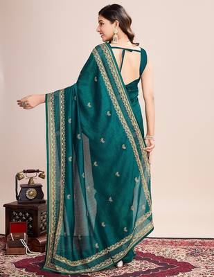 Teal green embroidered silk blend bollywood saree with blouse 4