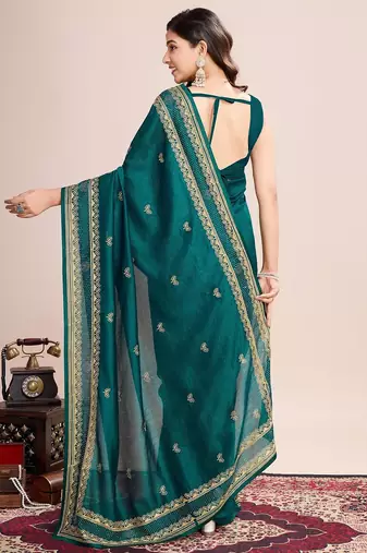 Teal green embroidered silk blend bollywood saree with blouse