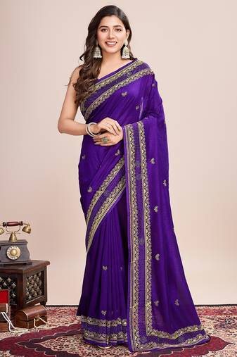 Violet embroidered silk blend bollywood saree with blouse