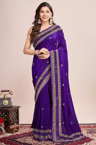 Violet embroidered silk blend bollywood saree with blouse
