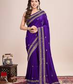 Violet embroidered silk blend bollywood saree with blouse