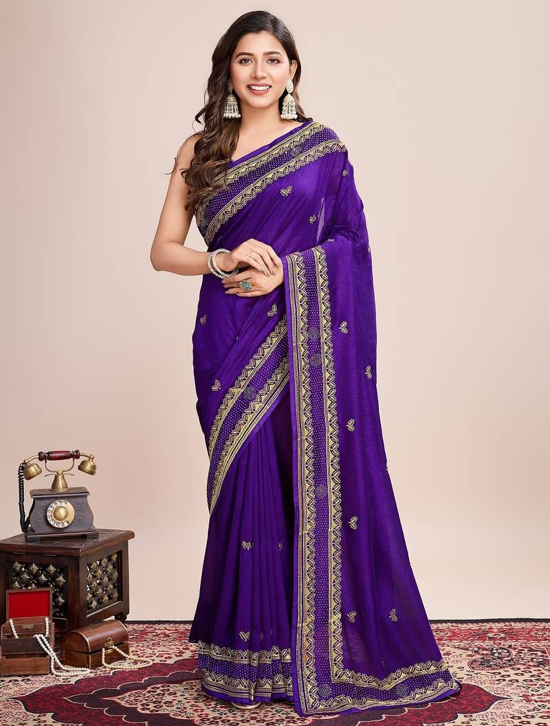 Violet embroidered silk blend bollywood saree with blouse