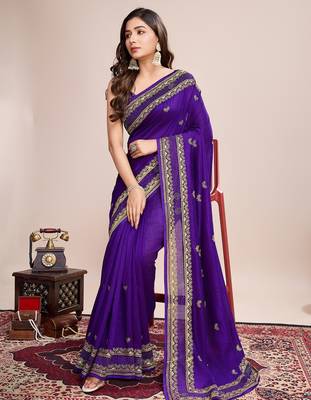 Violet embroidered silk blend bollywood saree with blouse 2