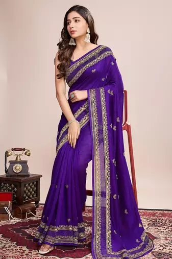 Violet embroidered silk blend bollywood saree with blouse