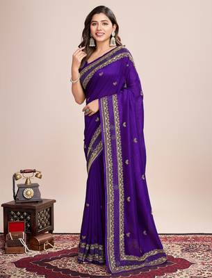 Violet embroidered silk blend bollywood saree with blouse 3