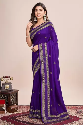 Violet embroidered silk blend bollywood saree with blouse
