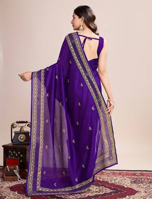Violet embroidered silk blend bollywood saree with blouse 4