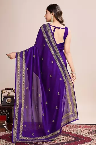 Violet embroidered silk blend bollywood saree with blouse