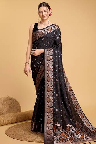 Black woven embellished pure silk banarasi saree with blouse