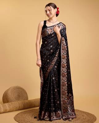 Black woven embellished silk blend banarasi saree with blouse 2