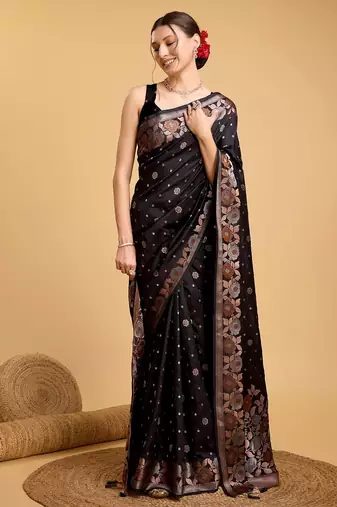 Black woven embellished pure silk banarasi saree with blouse
