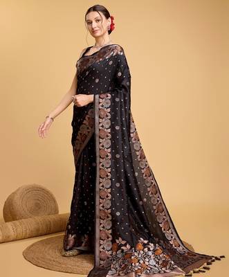 Black woven embellished silk blend banarasi saree with blouse 3