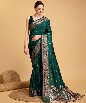 Green woven embellished silk blend banarasi saree with blouse 1