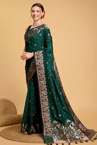 Green woven embellished pure silk banarasi saree with blouse