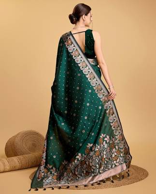 Green woven embellished silk blend banarasi saree with blouse 4
