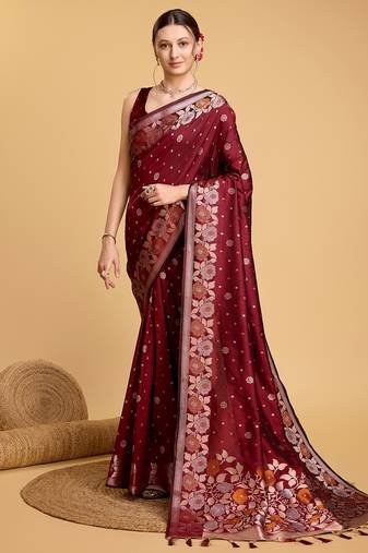 Maroon woven embellished pure silk banarasi saree with blouse