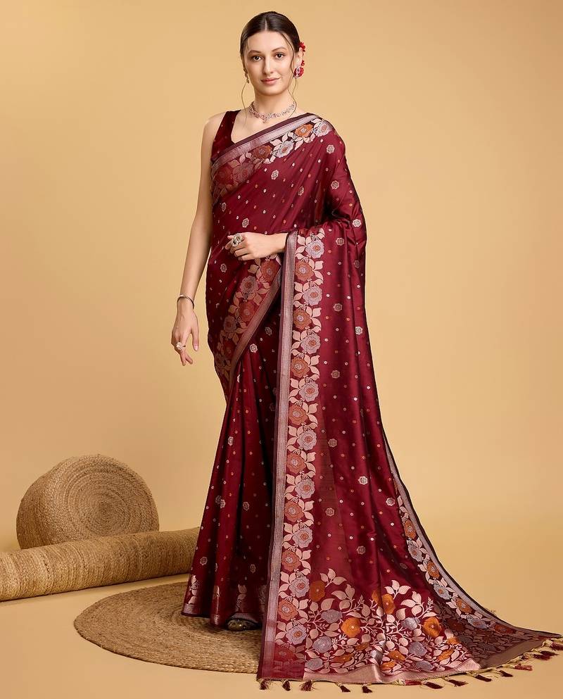 Maroon woven embellished pure silk banarasi saree with blouse