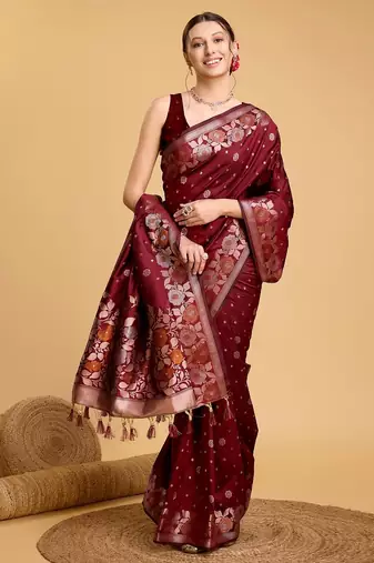 Maroon woven embellished pure silk banarasi saree with blouse