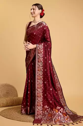 Maroon woven embellished pure silk banarasi saree with blouse