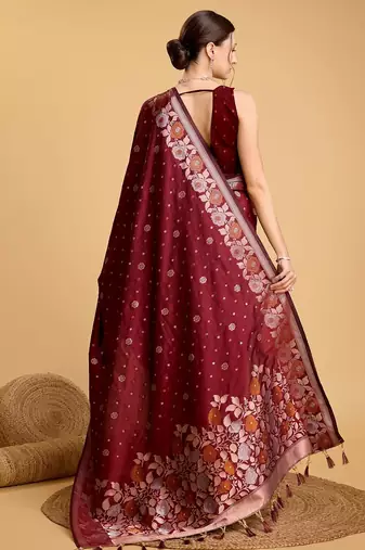 Maroon woven embellished pure silk banarasi saree with blouse