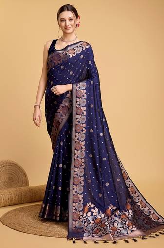 Navy blue woven embellished pure silk banarasi saree with blouse