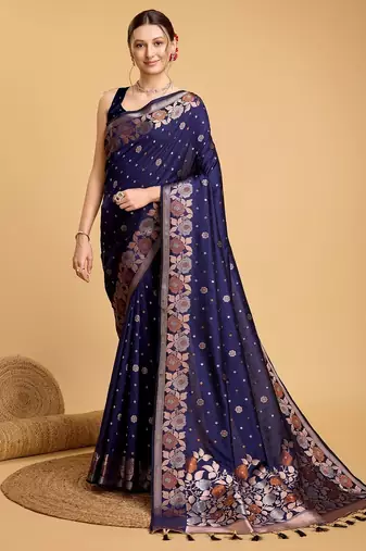 Navy blue woven embellished pure silk banarasi saree with blouse