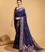 Navy blue woven embellished pure silk banarasi saree with blouse