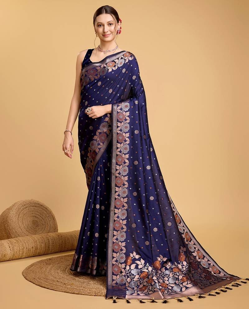 Navy blue woven embellished pure silk banarasi saree with blouse