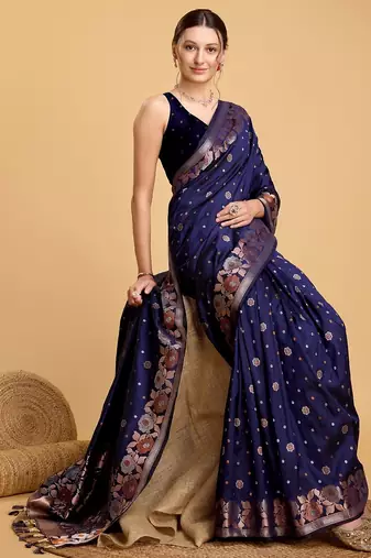 Navy blue woven embellished pure silk banarasi saree with blouse