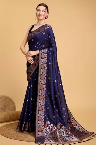 Navy blue woven embellished pure silk banarasi saree with blouse