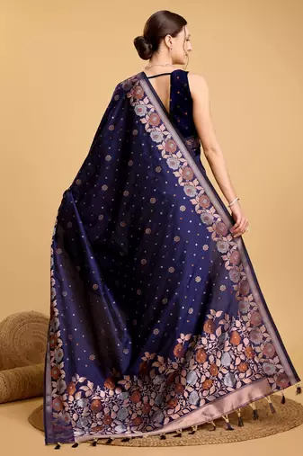Navy blue woven embellished pure silk banarasi saree with blouse