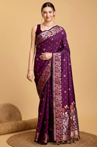 Purple woven embellished pure silk banarasi saree with blouse