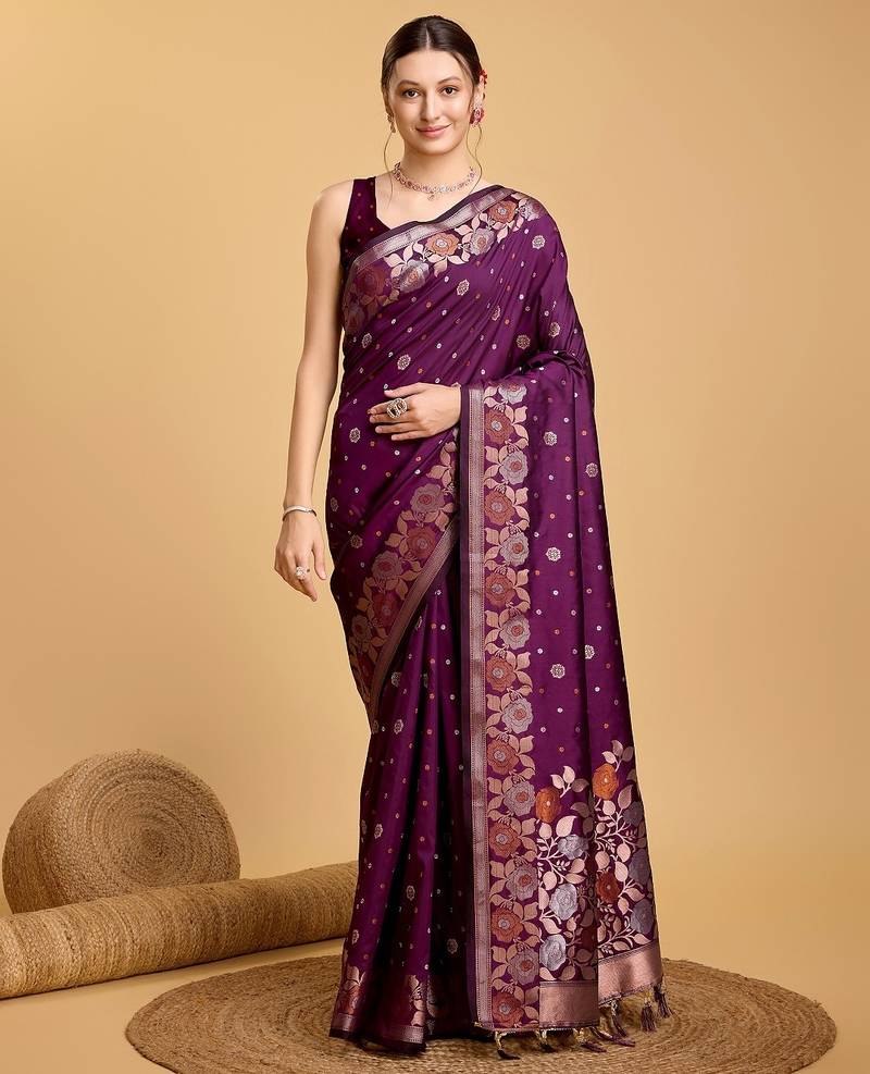 Purple woven embellished pure silk banarasi saree with blouse
