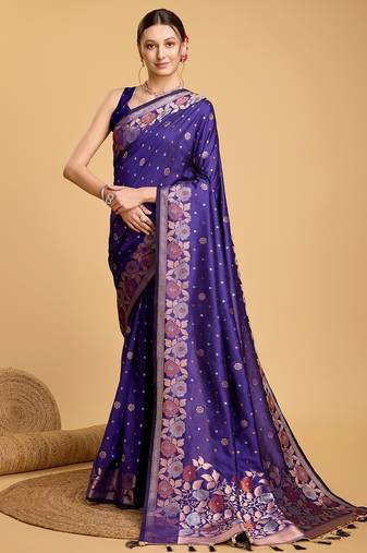 Violet woven embellished pure silk banarasi saree with blouse