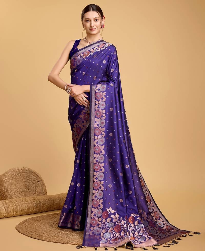 Violet woven embellished pure silk banarasi saree with blouse