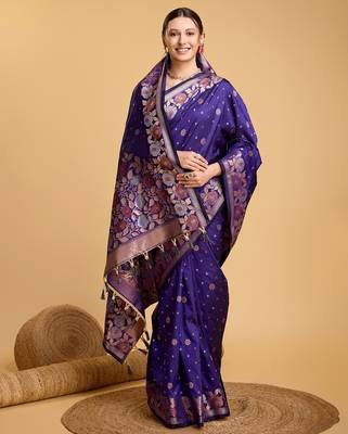 Violet woven embellished silk blend banarasi saree with blouse 2