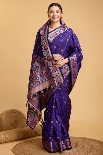 Violet woven embellished pure silk banarasi saree with blouse
