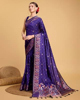 Violet woven embellished silk blend banarasi saree with blouse 3