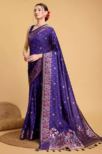 Violet woven embellished pure silk banarasi saree with blouse