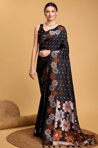 Black woven embellished pure silk banarasi saree with blouse