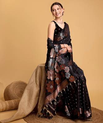 Black woven embellished silk blend banarasi saree with blouse 2