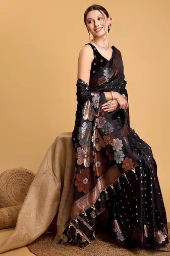 Black woven embellished pure silk banarasi saree with blouse