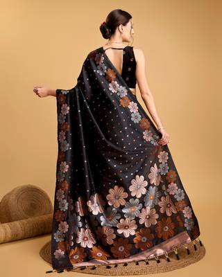 Black woven embellished silk blend banarasi saree with blouse 4
