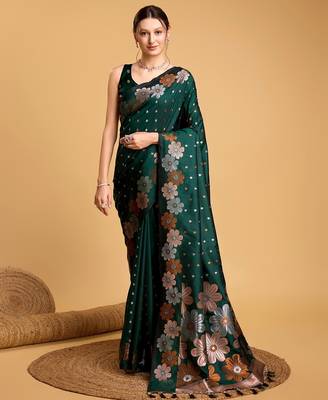 Green woven embellished silk blend banarasi saree with blouse 1
