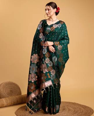 Green woven embellished silk blend banarasi saree with blouse 2